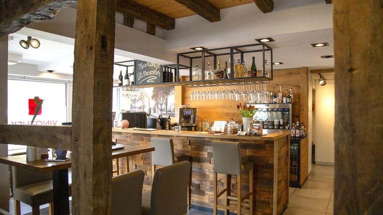 A cozy bar with a wooden counter and modern chairs. The decor combines rustic charm with an inviting atmosphere.