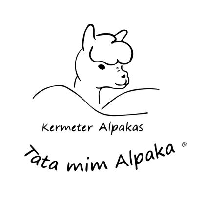 Das Bild zeigt eine einfache Zeichnung eines Alpaka mit einem sanften Gesichtsausdruck. Darunter steht der Text "Kermeter Alpakas" und "Tata mim Alpaka".