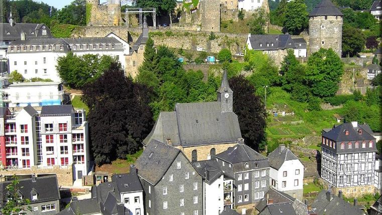 Eine malerische Stadt mit historischen Gebäuden und Burgruinen auf einem Hügel. Üppiges Grün umgibt die Architektur und verleiht der Szene einen idyllischen Charme.