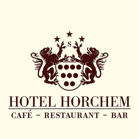 An elegant logo for Hotel Horchem. It features lions and stars as well as the designations café, restaurant, and bar.