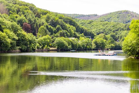 Een rustige vijver, omringd door groene bomen en heuvels. Het water weerspiegelt het landschap en biedt een vredige sfeer.