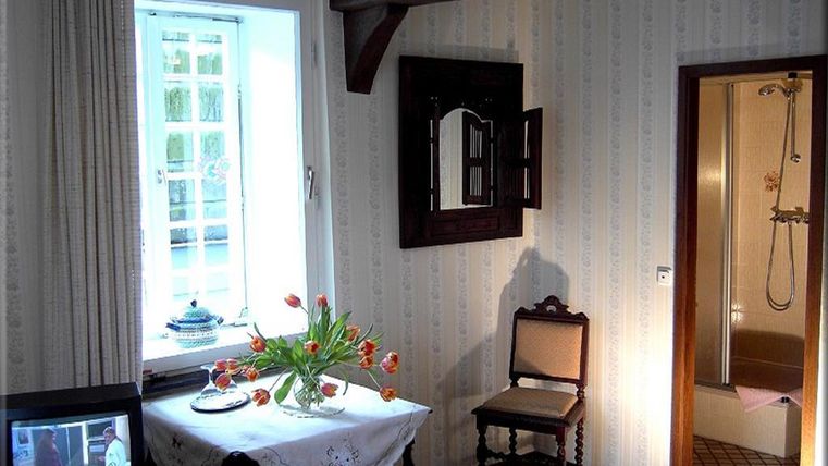 Ein gemütliches Zimmer mit einem Tisch, auf dem frische Tulpen stehen, und einem Fernseher. Im Hintergrund sind ein Fenster und eine Tür zu einem Badezimmer sichtbar.