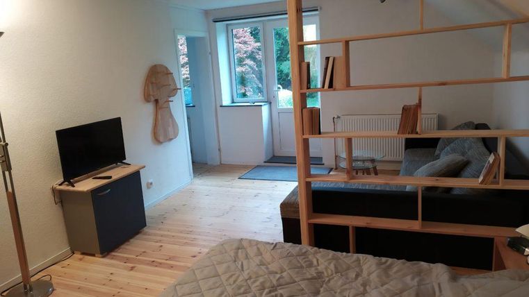 A cozy room with a television and a sofa. Daylight comes in through a window and there is a wooden partition wall.