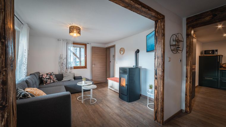 Een gezellige woonkamer met een grijze bank en een open haard. Er is een kleine tafel en natuurlijke houten details aan de muren.