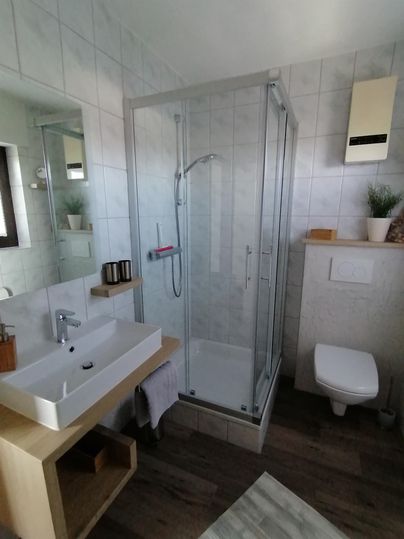 A modern bathroom with a glass shower and an elegant sink on a wooden shelf. The walls are tiled, and there are fresh plants on the ledge.