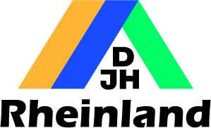 A colorful logo with a tricolor triangle and the inscription "DJH Rheinland". It conveys a modern and inviting feel.