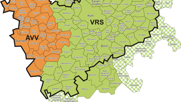 A map shows the area of the VRS network in green and the AVV network in orange. The two areas are separated by a black line.