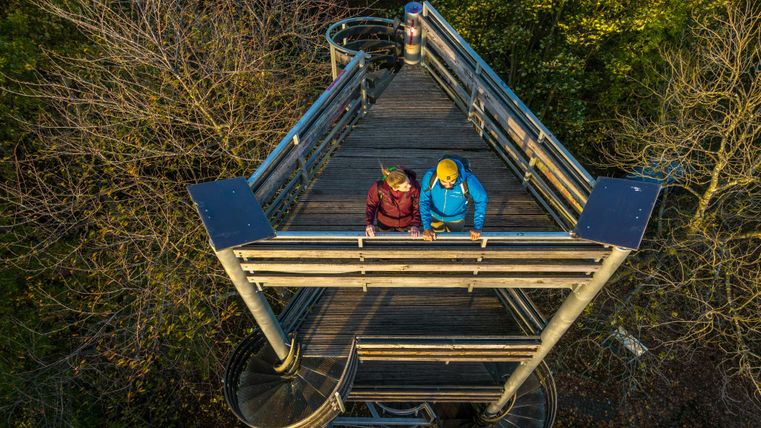 Een uitkijkplatform in het bos met twee personen die naar beneden kijken. Omgeven door bomen geeft de scène een gevoel van verbondenheid met de natuur.