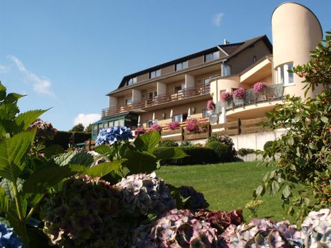 A modern building with balconies and colorful flower boxes. In the foreground, hydrangeas bloom on a green meadow.