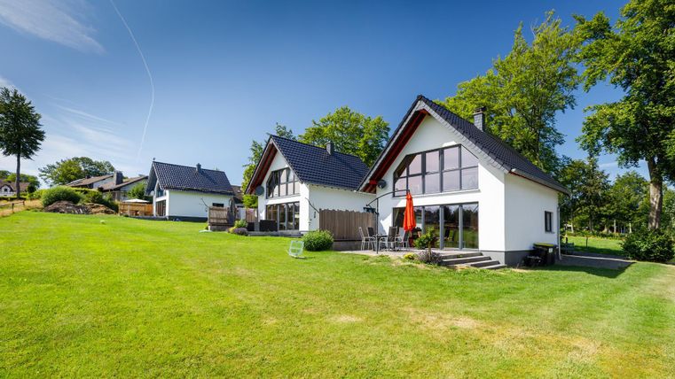 Two modern houses stand on a green meadow. The clear sky and the trees in the background give the scene a calm atmosphere.