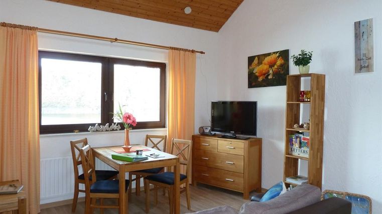 A cozy living area with a dining table, chairs, and a television. Large windows with curtains let in plenty of light and there is a small shelf with plants and decorations.