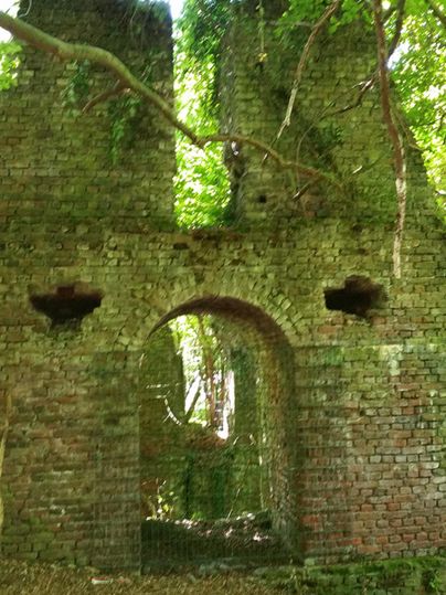Eine alte Backsteinruine im Wald, von Pflanzen überwuchert. Der Eingang ist sichtbar, umgeben von grünen Blättern.