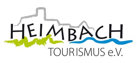 The image shows the logo of Heimbach Tourism e.V. It contains stylized elements of a city, water, and the inscription in striking colors.