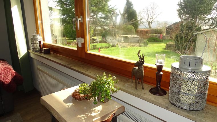 Een gezellige kamer met een groot raam dat uitzicht biedt op een groene tuin. Op de vensterbank staan planten en decoratieve voorwerpen.