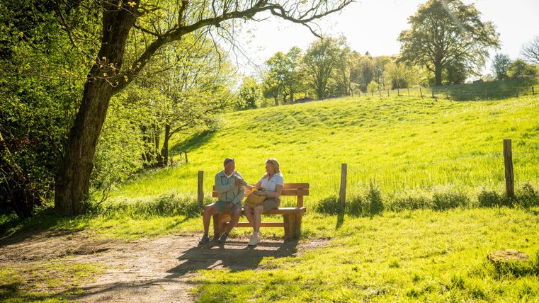 Ein sonniger Park mit einer Bank, auf der zwei Personen sitzen. Im Hintergrund ist eine grüne Wiese und Bäume zu sehen.