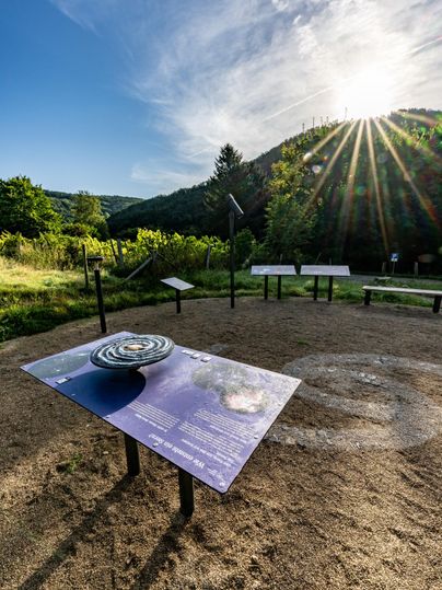 A viewpoint in nature with information boards and sunshine in the background. The table has a round sculpture and is located on a sandy area.