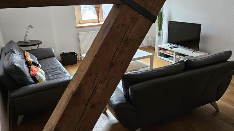 Een gezellige woonkamer met twee banken en een televisie. De ruimte heeft houten vloeren en een groot uitzicht op het raam.