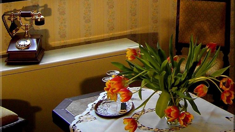 Ein stilvoll gedeckter Tisch mit einer Vase voller Tulpen und einer nostalgischen Telefonanlange. Im Hintergrund sind sanfte Farbtöne und eine elegante Stuhl zu sehen.