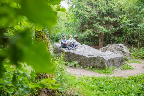 Two people are sitting on a large stone in a green forest. Around them are trees and a lot of natural greenery.