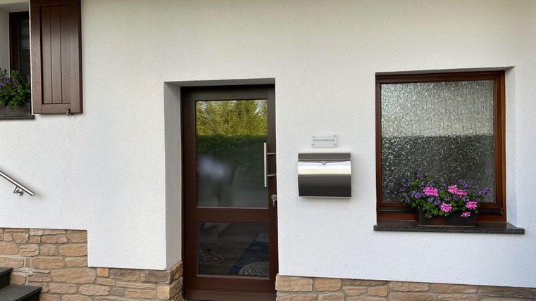 Ein modernes Eingangsbereich mit einer braunen Tür und einem Briefkasten. Neben der Tür gibt es ein Fenster mit Blumen, das eine einladende Atmosphäre schafft.