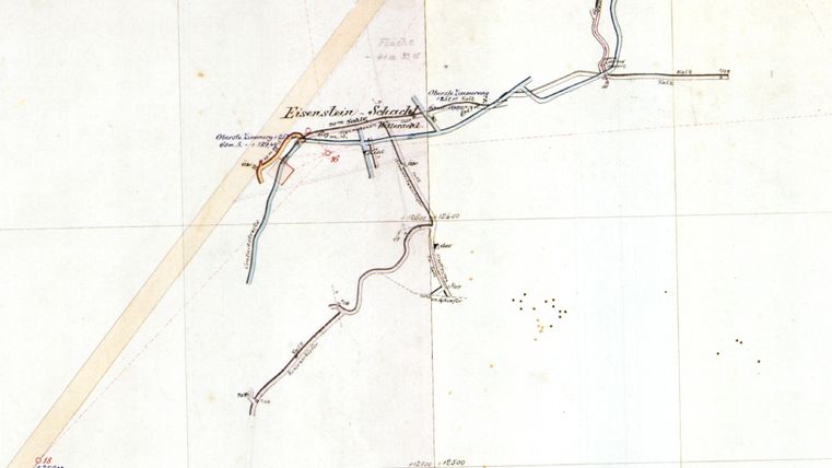 Eine historische Karte mit Straßen und Wegen. Sie zeigt das Gebiet um einen Ort mit Details zu den umliegenden Straßen.