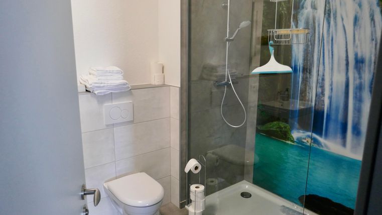 A modern bathroom with a shower and a toilet. A beautiful waterfall is depicted on the wall, creating a calming atmosphere.