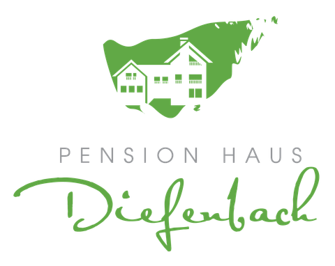 Ein stilisiertes Logo für die Pension Haus Diefenbach. Es zeigt ein Haus und naturverbundene Elemente in Grüntönen.