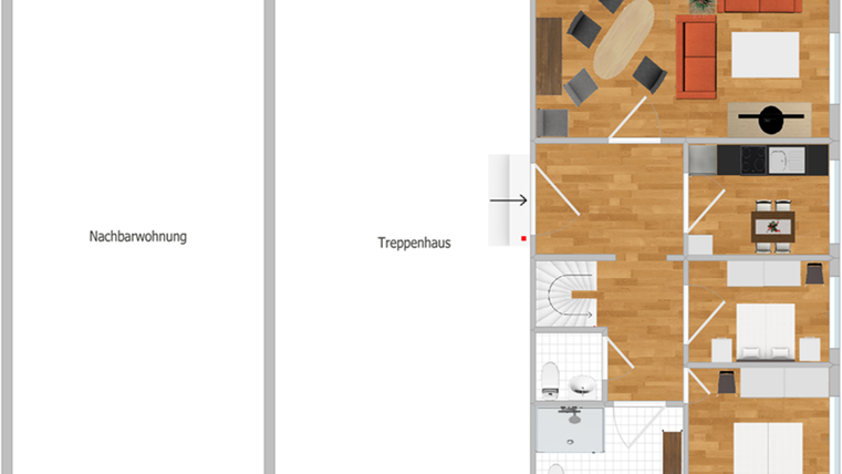 Een schematische weergave van een appartement met verschillende kamers. Aan de linkerkant bevindt zich een buurkamer en aan de rechterkant de toegang tot de trap.
