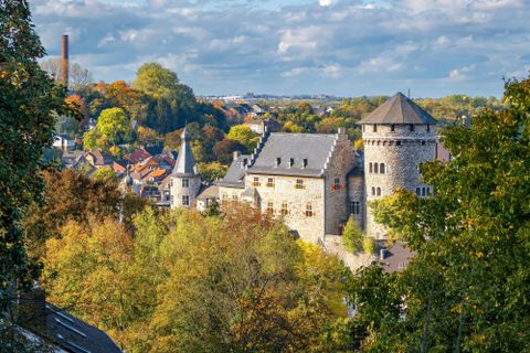 Eine malerische Aussicht auf eine Stadt mit historischen Gebäuden und einer Burg. Bunte Herbstblätter und ein bewölkter Himmel runden das Bild ab.