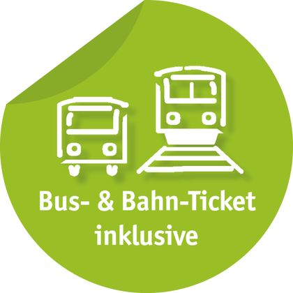A green sticker with a bus and a train symbol. Text: "Bus & Train Ticket included".