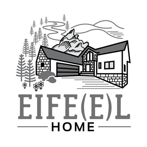 A stylized drawing of a modern house in a mountainous landscape. Surrounded by trees and mountains, it exudes a cozy atmosphere.