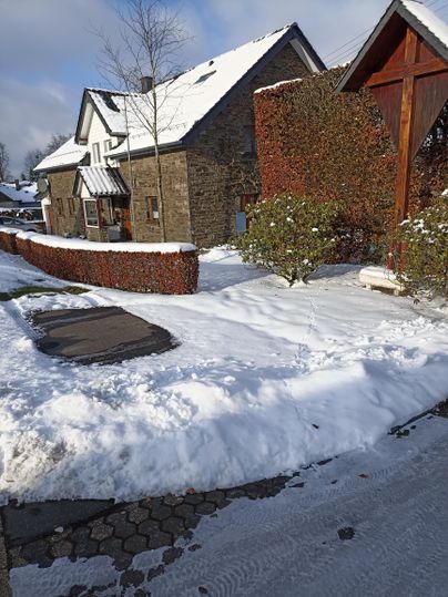 Ein verschneiter Garten mit einem hübschen Steinhaus im Hintergrund. Die Schneedecke liegt sanft auf dem Boden und den Sträuchern.