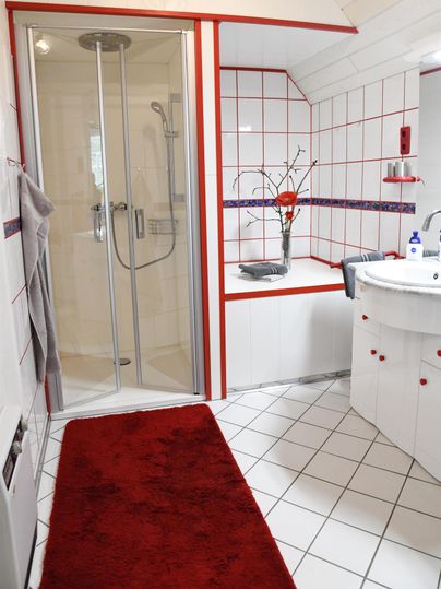 A modern bathroom with a shower and a sink. Red and white tiles and a red carpet create an inviting atmosphere.