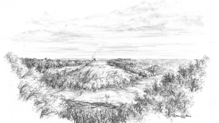 A sketched landscape with gentle hills and trees. The sky is partly cloudy and conveys a peaceful atmosphere.