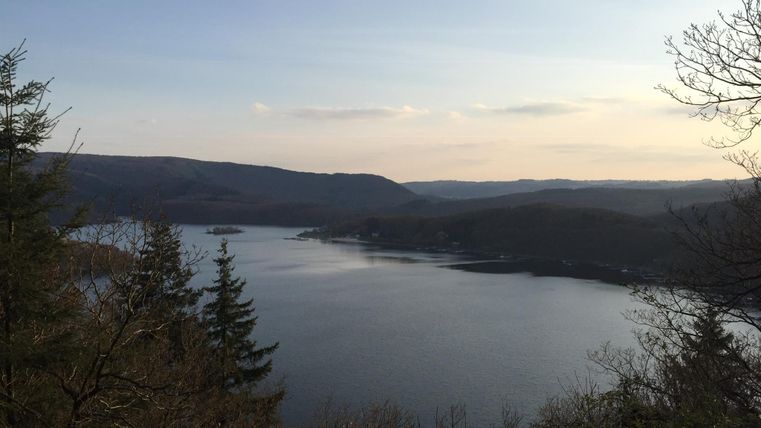 A tranquil landscape with a large lake and gentle hills in the background. The sky is clear and evening light can be seen.