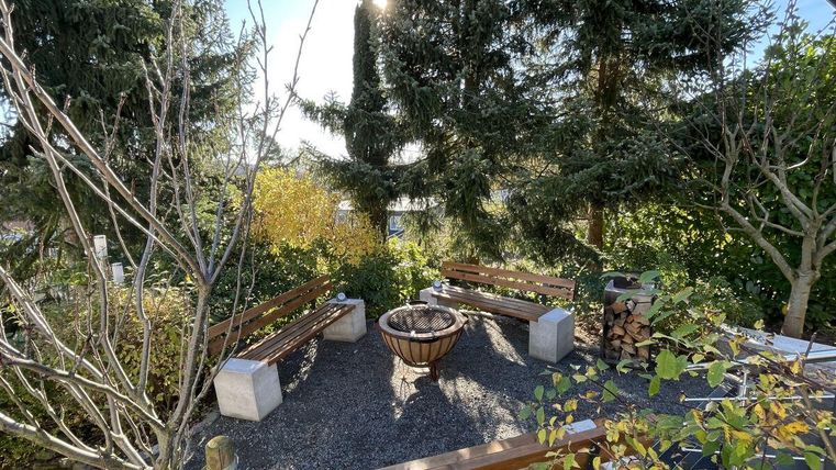 A cozy outdoor area with benches and a fire pit in the middle. Surrounded by green plants and trees, the place exudes calm and relaxation.