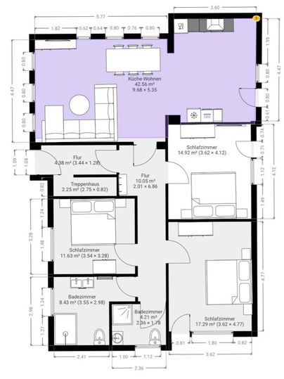 A floor plan of a house with various rooms. The kitchen and living room are at the center, surrounded by bedrooms and bathrooms.