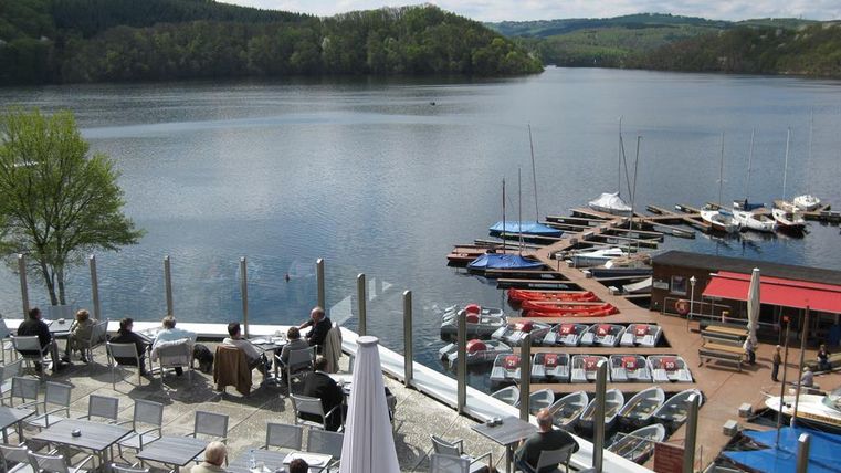 A calm lake with a boat dock and many leisure boats. The surroundings are green and the atmosphere is relaxing.