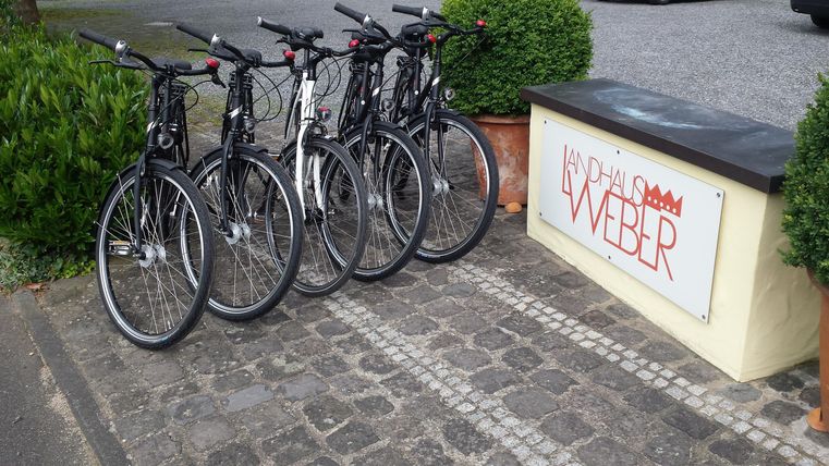 Een groep fietsen staat voor een winkelbord met de naam "Weber". Het gebied is omringd door planten en een bestrate weg.