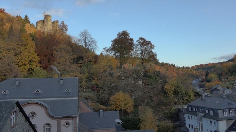 A picturesque landscape with colorful autumn foliage and an old castle on a hill. In the foreground, some houses and trees can be seen.