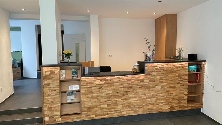 A modern reception area with a wooden counter and a bright, inviting space. The walls are painted in neutral colors, and there are some plants used as decorations.