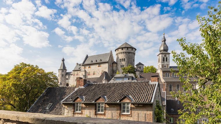 Eine beeindruckende Burg mit Türmen, umgeben von Bäumen und einem blauen Himmel. Die Architektur zeigt historische Elemente und ist in eine malerische Landschaft integriert.