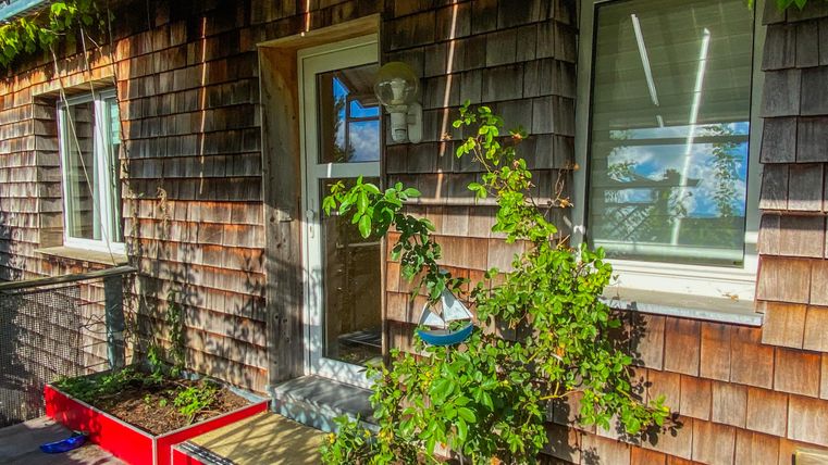 A wooden-clad house with an entrance and two windows. In front of the house are red planters with green plants.