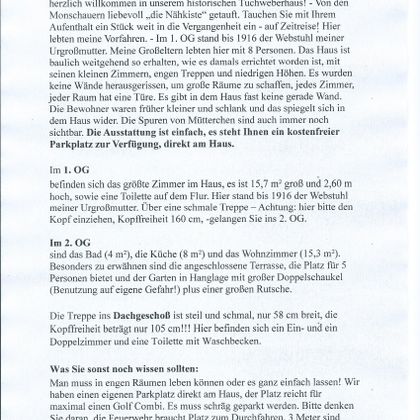 A flyer about a vacation home that welcomes guests. It describes the rooms, amenities, and rules for the stay.