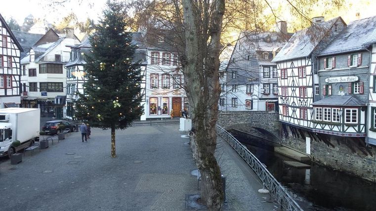 Een schilderachtige stad met vakwerkhuizen en een kleine waterloop. In het midden staat een kerstboom die feestelijk versierd is.