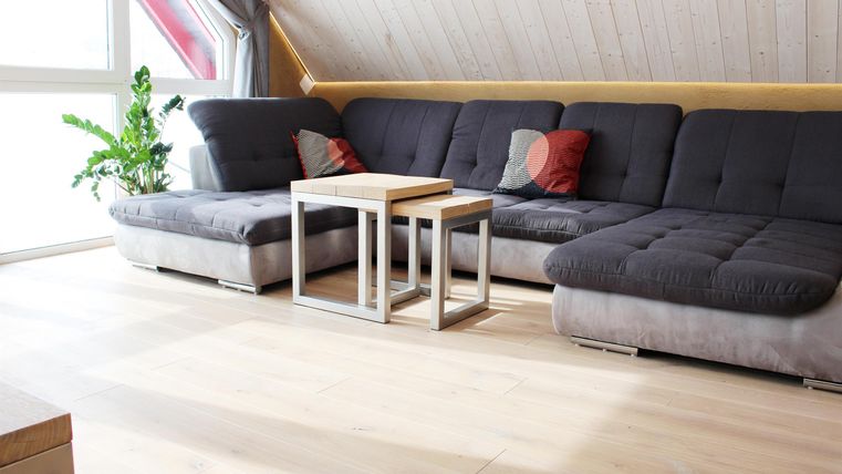 A modern living room with a large gray sofa and a small coffee table.
A lot of light comes in through the windows and a plant creates a pleasant atmosphere.