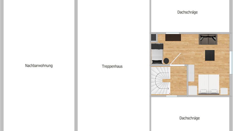 Een plattegrond van een woonruimte met verschillende zones, waaronder een buurwoning en een trappenhuis. De ruimtes zijn open ingericht, met een gebied voor meubels en trappen.
