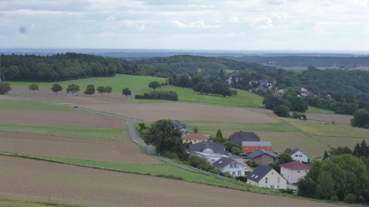 A rural landscape with gentle hills and fields. In the foreground, there is a small village with several houses.