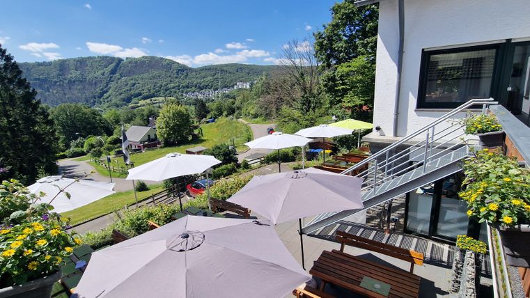 A sunny terrace with sun umbrellas and blooming plants. In the background, you can see a green landscape with gentle hills.