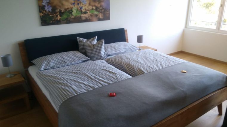 A cozy bedroom with a large double bed and gray duvet. A picture of purple flowers hangs on the wall, and windows provide plenty of daylight.